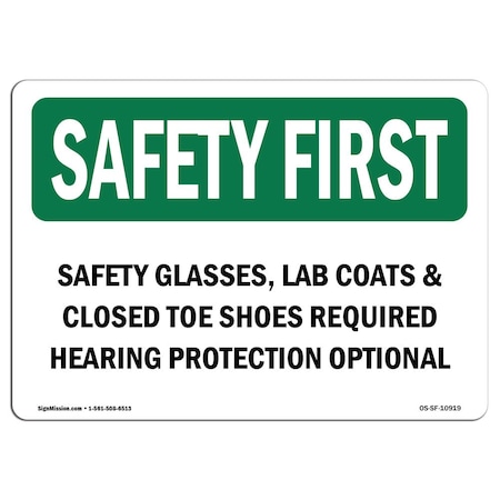 Signmission OSHA Sign, Glasses Lab Coats And Closed Toe Shoes, 14in X 10in Aluminum, 14" W, 10" H, Landscape OS-SF-A-1014-L-10919